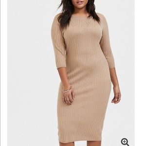 BEIGE TEXTURED SWEATER-KNIT BODYCON MIDI DRESS